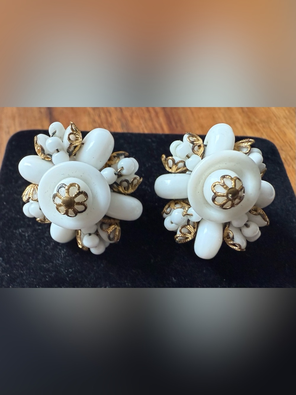 Vintage White and Gold Beaded ClusterWest Germany Glass Clip On Earrings
